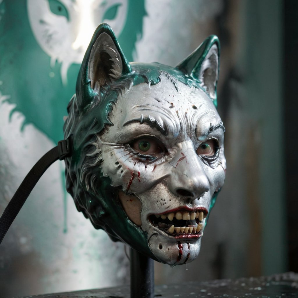 <lora:test2reralbi:1>  cinematic moviemaker style, Photograph of a heist mask shaped like a wolf with horror design, metallic green and fluid silver like mercury, minimalistic blurry horror background, horror light