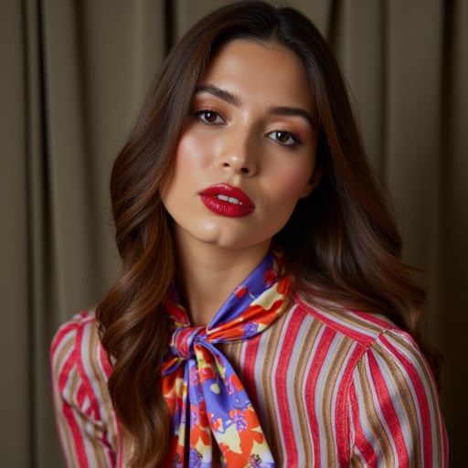 women with red lips looking at viewer wearing colorful satin bow blouse by Wisedom on Tensor.Art