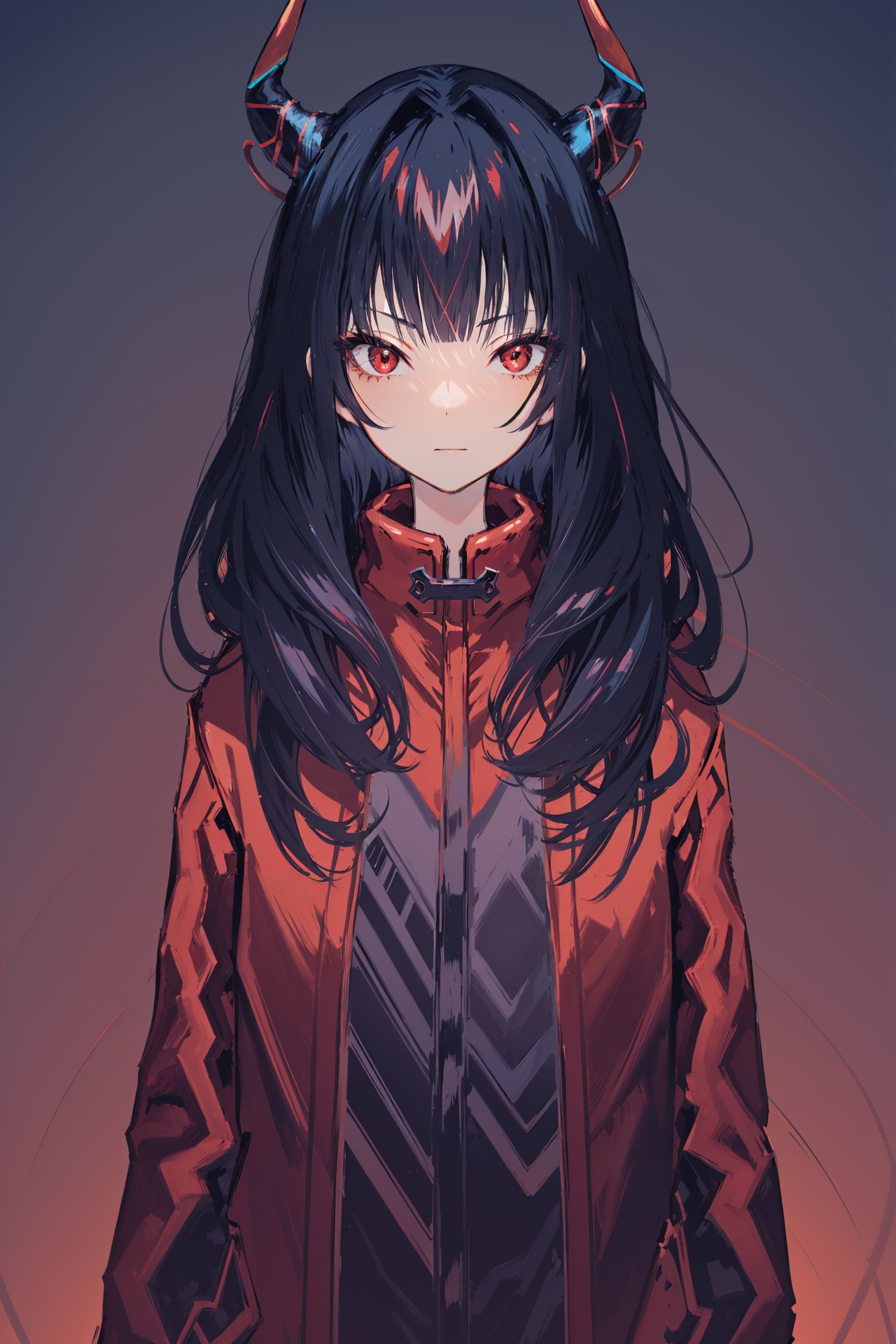 solo, 1girl, black hair, horns, red eyes, looking at viewer, grey background, gradient, closed mouth, gradient background, red coat, long hair, upper body, hood, coat, bangs, simple background, jacket, red jacket, open clothes //////////   <lora:saki2-000282:1>