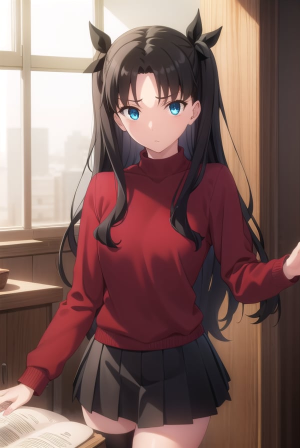 rintohsaka, <lora:rin tohsaka ubw-lora-nochekaiser:1>, rin tohsaka, aqua eyes, (black hair:1.5), hair ribbon, long hair, ribbon, sidelocks, two side up, (parted bangs:1.5),BREAK black skirt, black thighhighs, long sleeves, miniskirt, pleated skirt, red sweater, skirt, sweater, thighhighs, turtleneck,BREAK indoors, classroom,BREAK looking at viewer, (cowboy shot:1.5)BREAK <lyco:GoodHands-beta2:1>, (masterpiece:1.2), best quality, high resolution, unity 8k wallpaper, (illustration:0.8), (beautiful detailed eyes:1.6), extremely detailed face, perfect lighting, extremely detailed CG, (perfect hands, perfect anatomy),