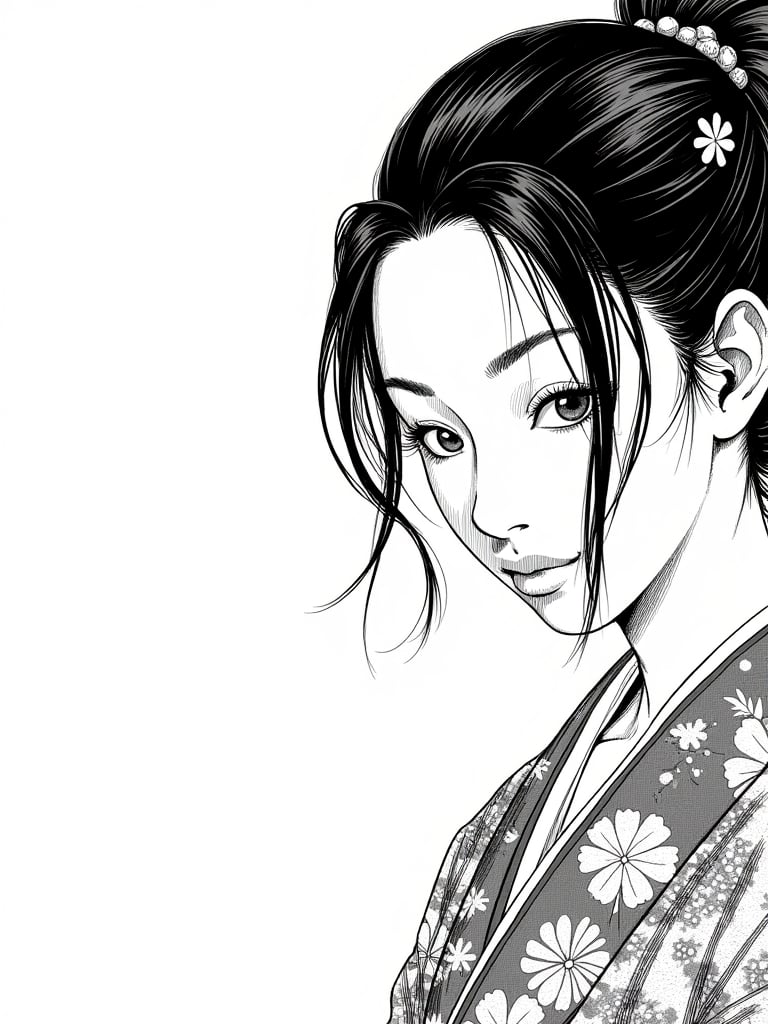 Ueno,a blank and white drawing of a Close-up of a woman's face, her hair styled elaborately and adorned with simple ornaments. She wears a vibrant, patterned kimono. Her expression is gentle and thoughtful. Use ink washes and delicate linework to convey a sense of grace and inner strength