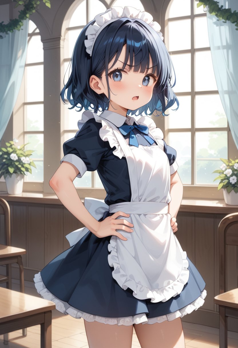 score_9, score_8_up, score_7_up, BREAK1girl, waitress, blue hair, solo, maid, maid headdress, short hair, open mouth, blue eyes, hand on hip, looking at viewer, maid apron, enmaided, blue dress, black eyes, eyelashes, frills, grey eyes, blurry background, puffy short sleeves, chestnut mouth, eyebrows visible through hair, triangle mouth, standing, bangs, blue neckwear, plant, anime coloring, cowboy shot, indoors, blue bow, white apron, shiny hair, v-shaped eyebrows, wavy hair, blush, depth of field, frilled apron, blue ribbon, neck ribbon, clenched hand, :<, :o, curtains, blue skirt, angry, pleated skirt, vines, white flower, hands on own hips, hand on own hip, pillar, blue bowtie