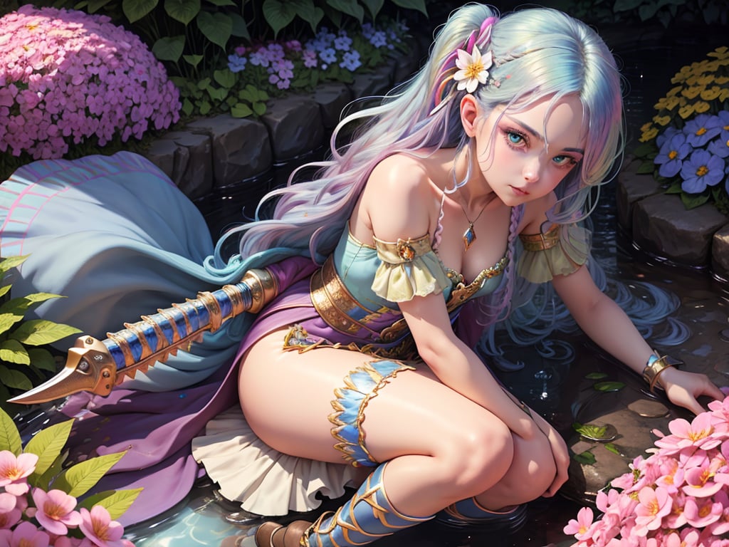 sparkle, close up, princess with weapon, garden, beautiful detailed water, piercing eyes, (rainbow hair:1.1)