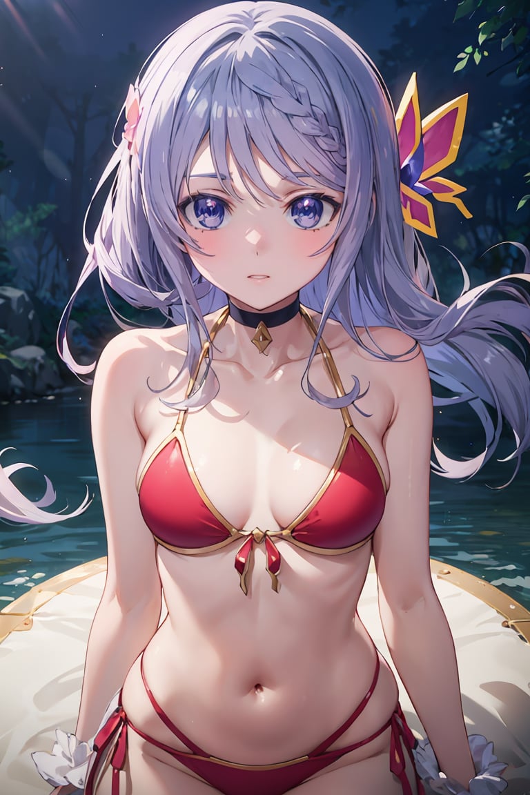 masterpiece, best quality, ultra-detailed, glistening shiny, glowing light, ray tracing, HDR, deph of field, (perfect face, detailed face),  <lora:FloraBeltrum:0.9>, florabeltrum, long hair, crown braid, butterfly hair ornament, bikini, collarbone, bare shoulders, cowboy shot