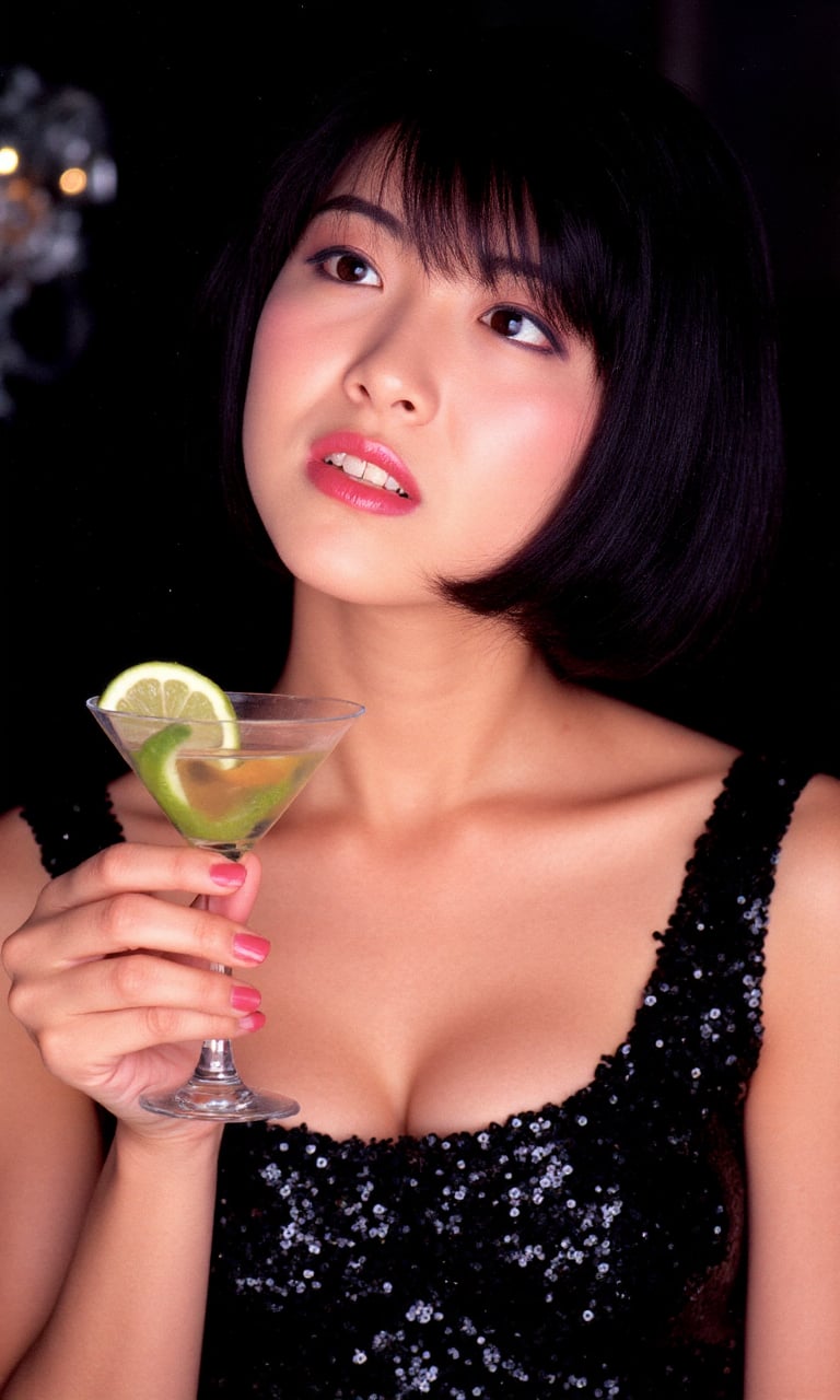Japanese color film photograph of an Asian woman,  medium close-up,  focusing on her upper body. The subject is has light...