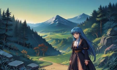 score_9, score_8_up, score_7_up, score_6_up, score_5_up, score_4_up, source_anime, BREAK, 1girl, bernkastel, long hair, blue hair, purple eyes, <lora:Bernkastel_XL:1>,  landscape, mountains, forest, cave, retro artstyle,   <lora:PonyOldSchoolV2-08:1> 