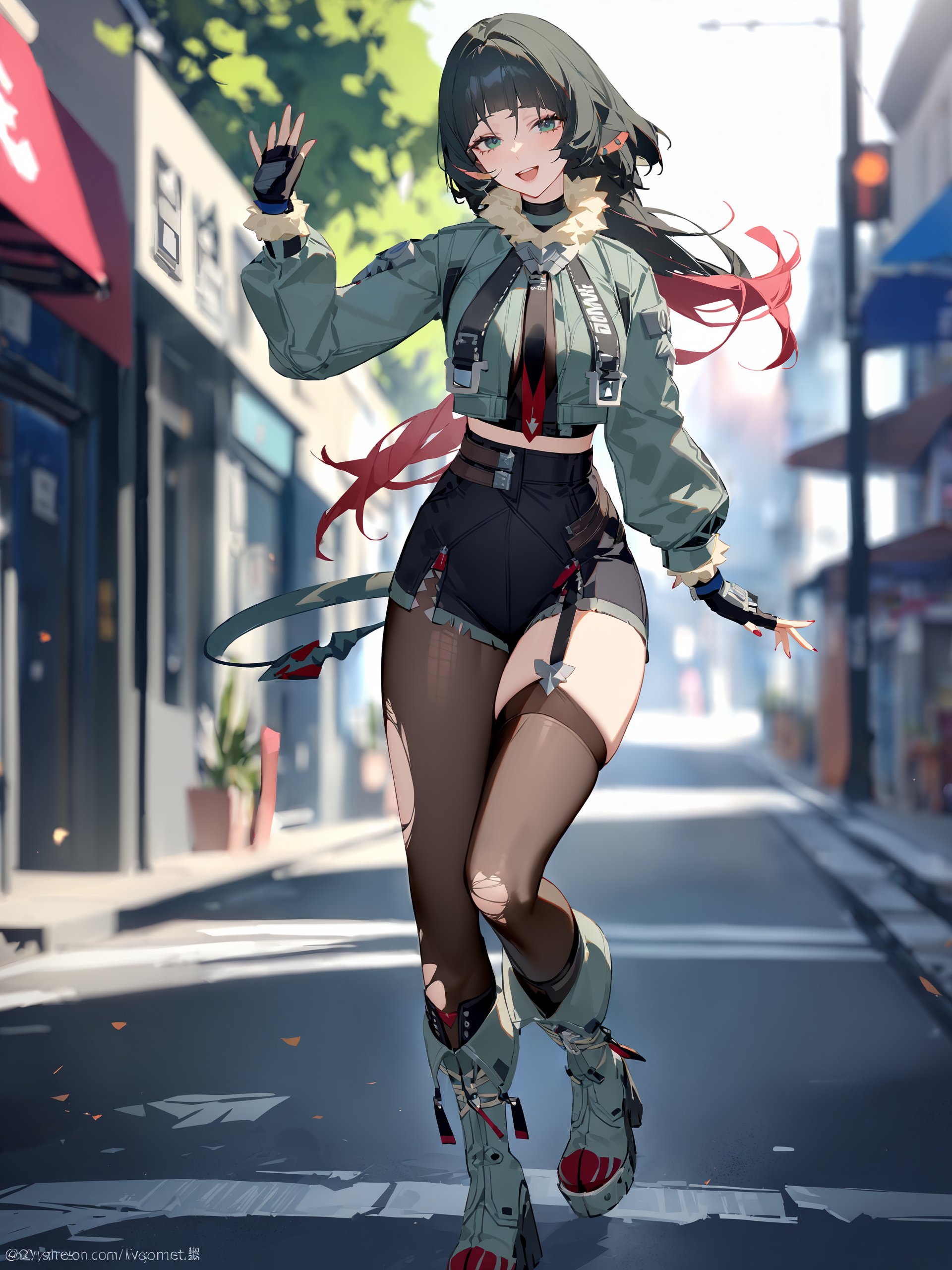 1girl, jane doe \(zenless zone zero\), fingerless gloves, black shorts, tail, cropped jacket, sports bra, single garter strap, single leg pantyhose, single thighhigh, necktie, long hair, looking at viewer, smiling, open mouth, street, outdoors, depth of field, standing on one leg, waving, full body, platform boots <lora:Char-ZZZ-Jane_Doe-V2-XL:0.9>, masterpiece, best quality, very aesthetic, ray tracing, newest,(hitenkei, askzy:0.5),