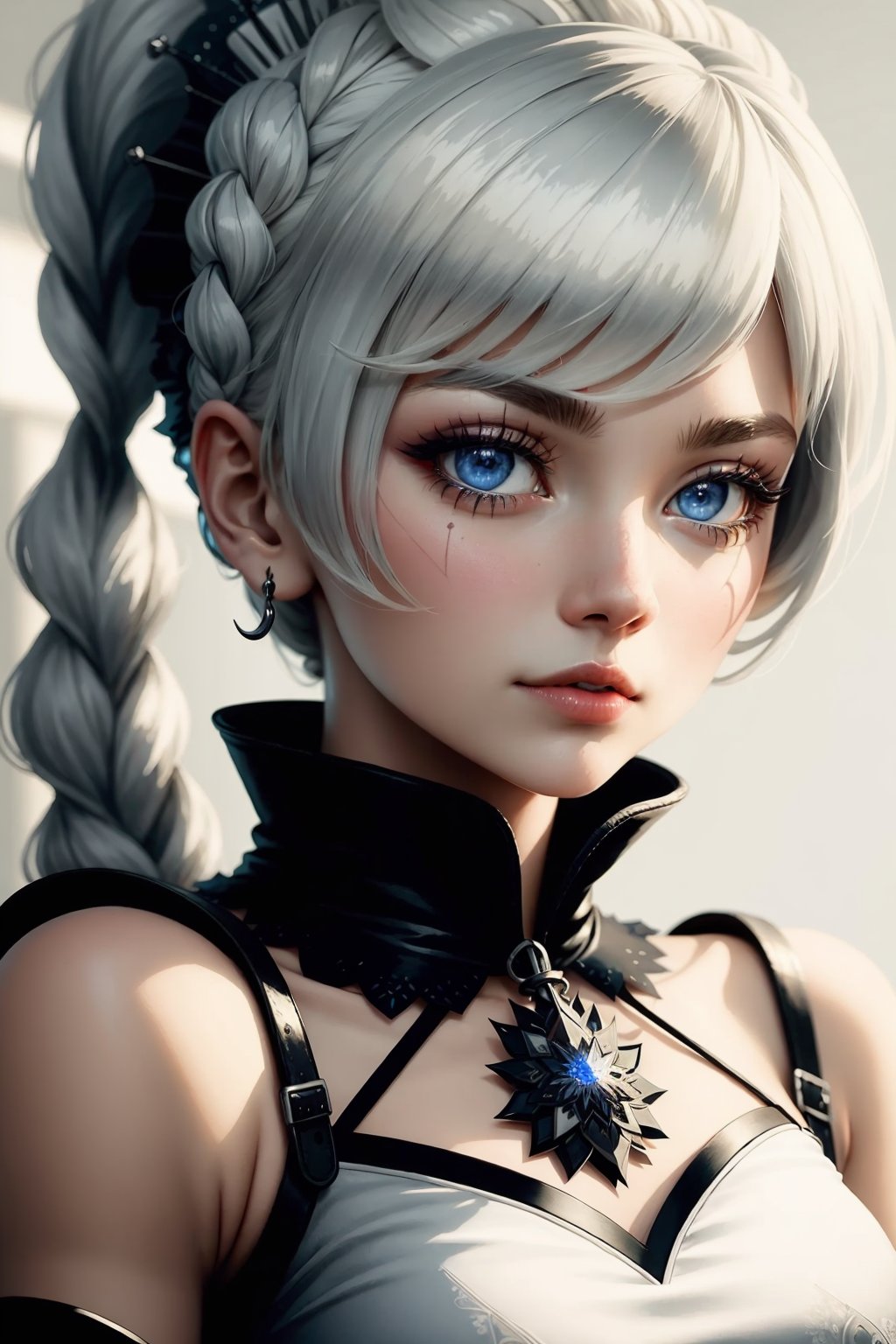 masterpiece,best quality, highly detailed, portrait,close-up,upper body,weiss schnee,1girl,solo,scar across eye<lora:weiss_schnee:1>,simple background,white background,