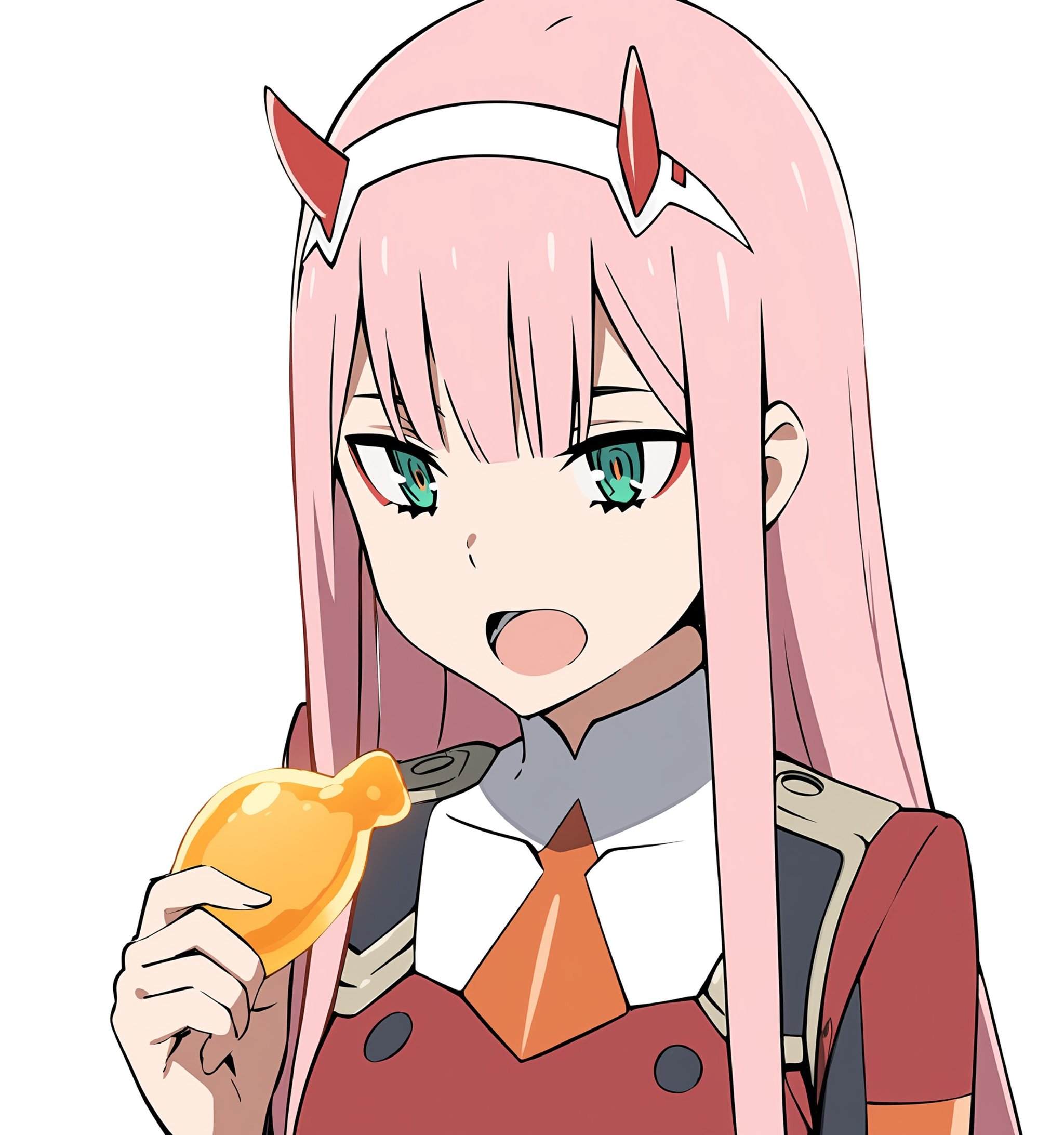 best quality,masterpiece,zero two (darling in the franxx),1girl,solo,pink hair,long hair,green eyes,white hairband,red uniform,orange necktie,bangs,upper body,collarbone,closed mouth,red horns,sidelocks,double-breasted,oni horns,holding honey,holding food,^_^,open mouth,simple background,white background,<lora:zerotwo4-zerotwo4-000009:0.8>,