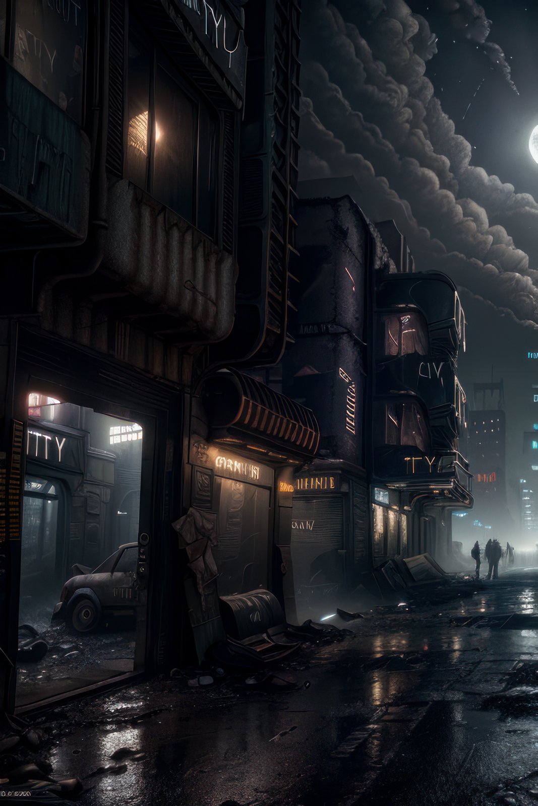 ((best quality)), (masterpiece), photorealism, realistic, real life, uhd, 8k, to8contrast style, dark scenery, rtx, ray tracing, atmospheric fog, moonlight, futuristic city, dirty streets, trash, run down buildings, (postapocalyptic city:1.3), dark clouds, <lora:theovercomer8sContrastFix_sd15:0.65>