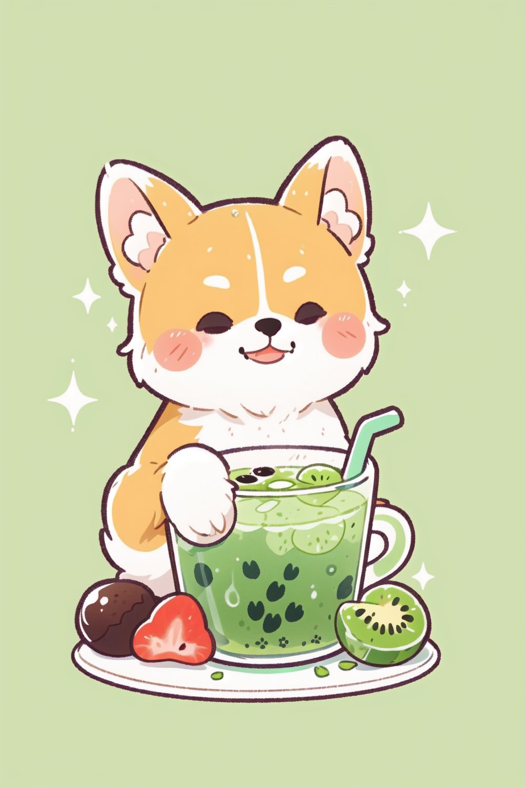 no humans,food focus,fruit,dog,strawberry,cup,holding,cake,animal,kiwi \(fruit\),green background,green theme,sparkle,tea,melon,drinking straw,bubble tea,leaf,drink,shiba inu,simple background,