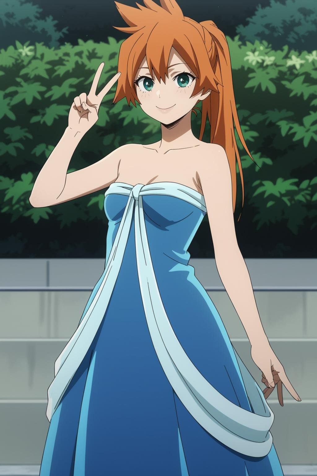 score_9, score_8_up, score_7_up, score_6_up, score_5_up, score_4_up, BREAK, <lora:Itsuka_Kendo-000006:.9>, 1girl, Kendo, orange hair, green eyes, pageant dress, blue dress, strapless, standing, peace sign