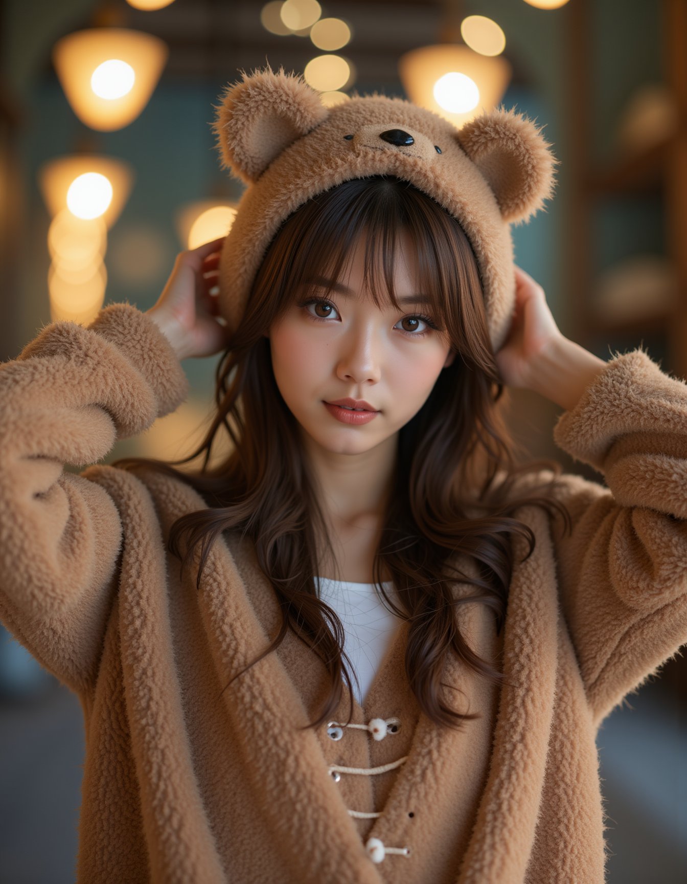 best quality, masterpiece, realism, realistic, long sweater fur-suit with bear costume, hands behind the head, cheats cutout, analogue photo of adult girl in costume, looking at viewer, long hair, extremely beautiful detailed face, medium breasts, (cute face, temptations look), eye level, professional photo, high contrast exposure, soft bokeh, high key light, hard shadow, soft bokeh, playful theme, <lora:hinaFluxAsianMixLora_v2-rev4:0.9>