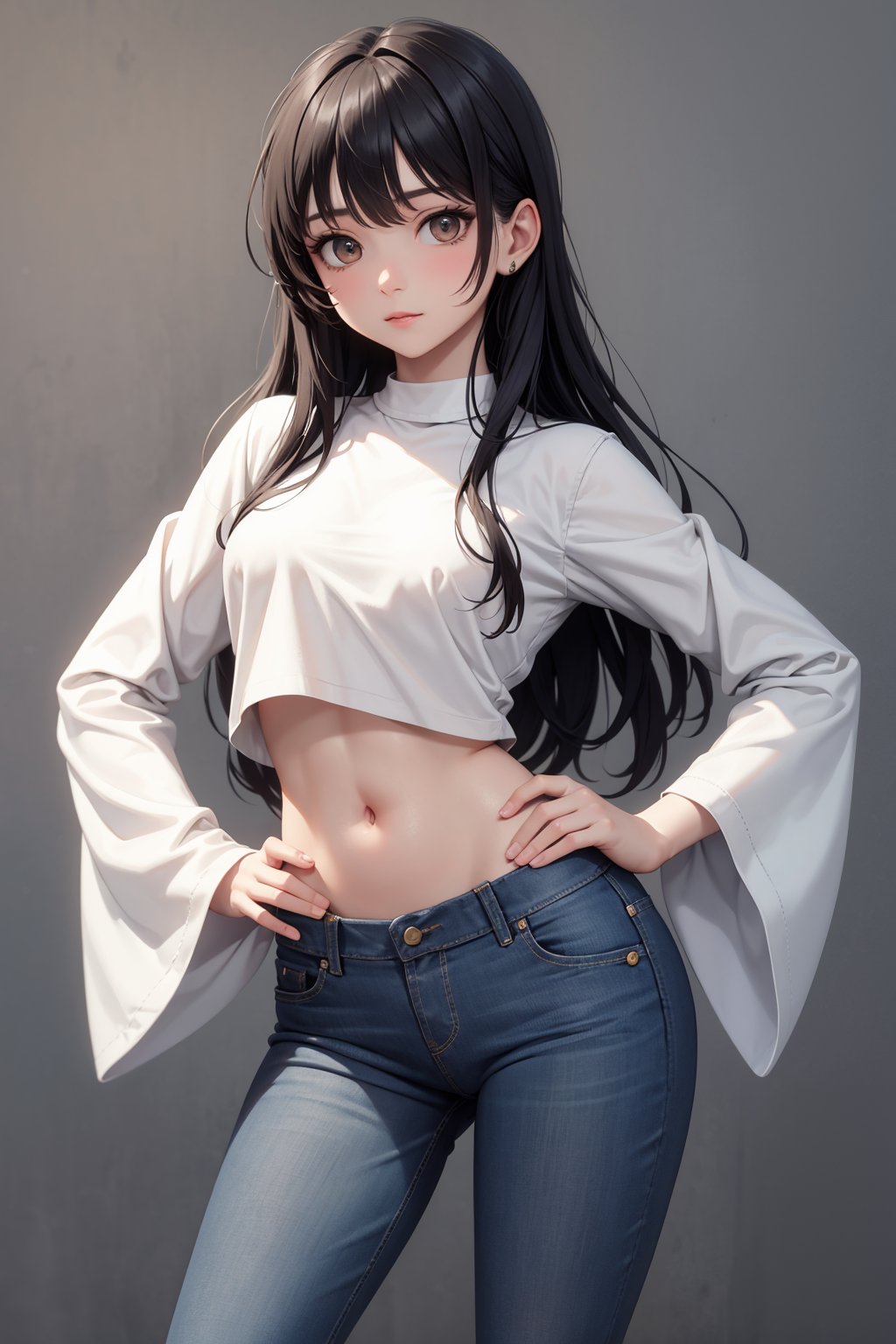 masterpiece,best quality,1girl,solo,long hair,navel,pants,contrapposto,flower,looking at viewer,long sleeves,midriff,hand on hip,wide sleeves,crop top,shirt,cowboy shot,floral background,jeans,denim,bangs,layered sleeves,standing,short sleeves,groin,black hair,stomach,closed mouth,