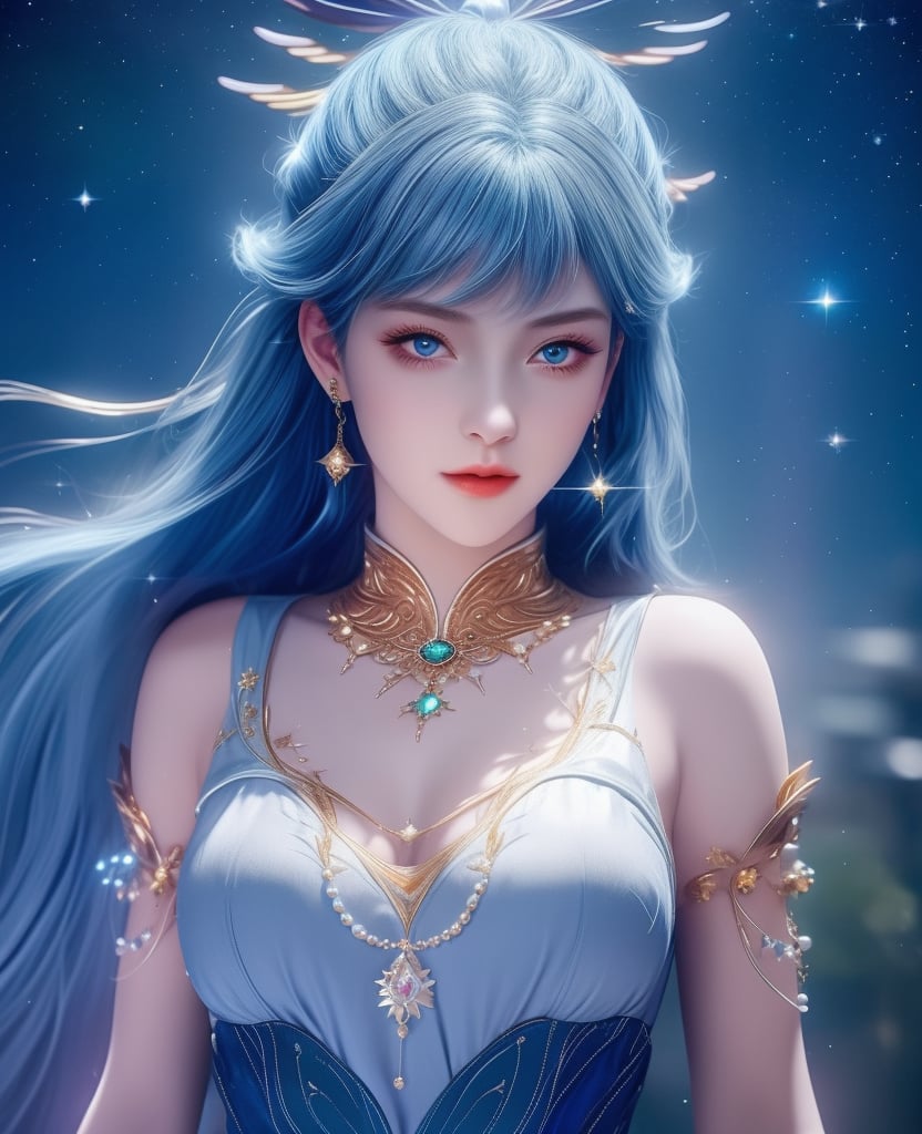 <lora:斗罗大陆-唐舞桐-海神缘:0.8>　　1girl, solo, blue hair, blue eyes, hair ornament, sparkle, looking at viewer,  (,1girl, ,best quality, ),looking at viewer,masterpiece(,1girl,night, starry sky, milky way,outdoors, full moon,  night sky, darkness,  world of darkness, , ) ,ultra realistic 8k cg,   clean, masterpiece,     (( , )),, , , prestige, luxury, jewelry, diamond, gold, pearl, gem, sapphire, ruby, emerald, intricate detail, delicate pattern, charming, alluring, seductive, erotic, enchanting, hair ornament, necklace, earrings, bracelet, armlet,halo((, )), (),