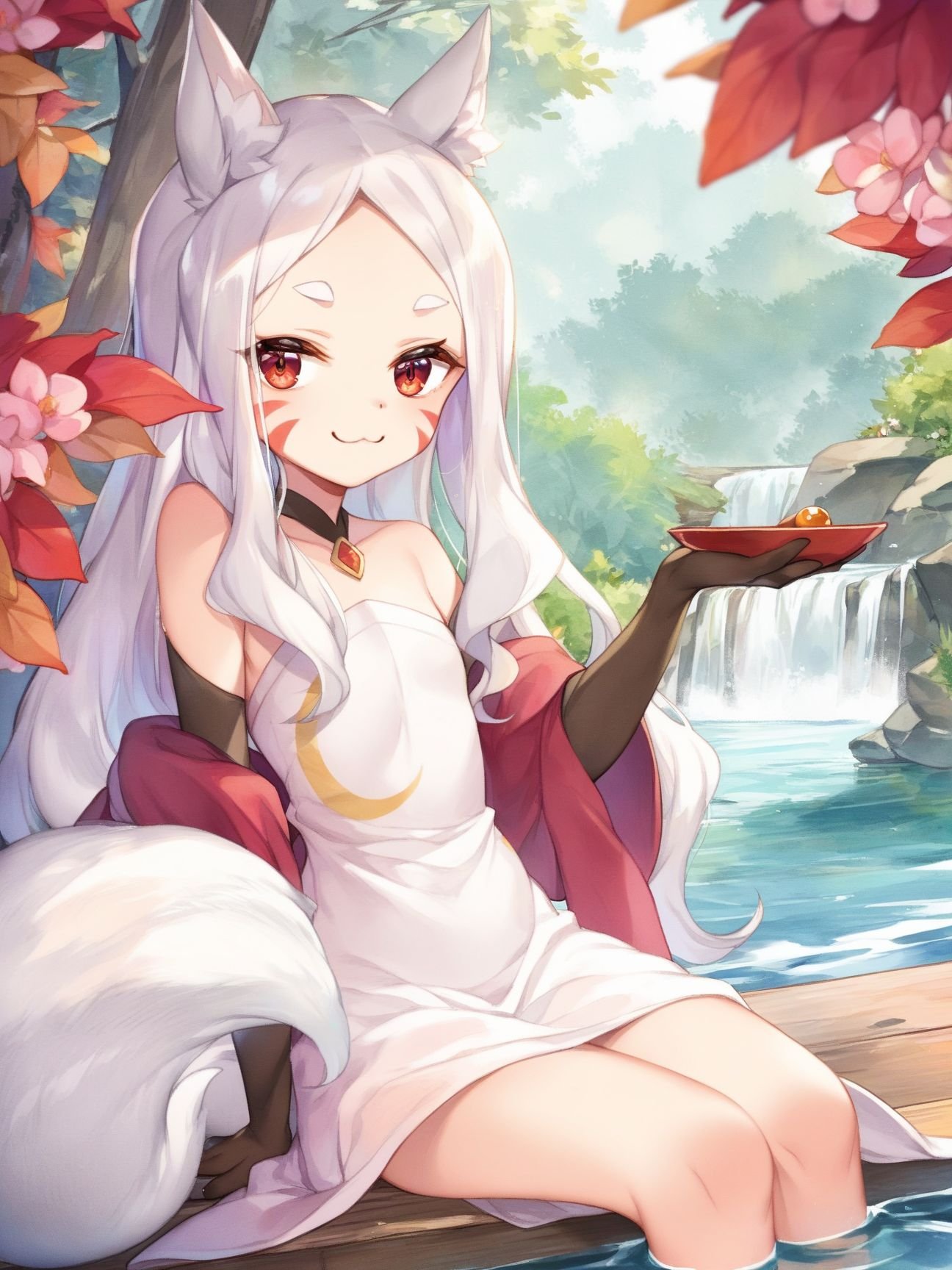 score_9, score_8_up, score_7_up, score_6_up, score_5_up, score_4_up, 1girl, shiro <lora:shiro_(senko-san)-PD-1.0:1>, (watercolor \(medium\)), sitting, feet in water, bridge, stream, forest, white dress, red shawl, white fluffy tail, koi pond, smug,sakazuki, sake