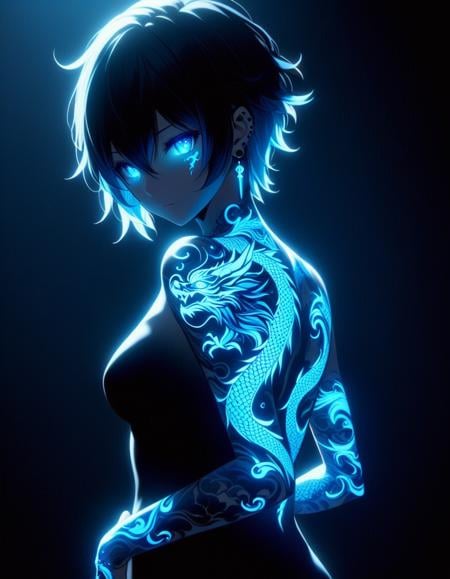 Artgerm, anime art A full body anime-style character with glowing blue dragon tattoos covering their arm and face and back and leg, emitting a mystical and ethereal glow. The tattoos are the same neon blue as the character's piercing eyes, which match the soft, shadowy lighting. The girl is standing in a eerie black background rear view. short hair, with the only light coming from the tattoos and eyes, casting an eerie glow on the surroundings. sad expression, one hand near chin, high contrast deep blue lighting, earrings. blue light, holography, <lora:g1owingtatt003d-000003:1>