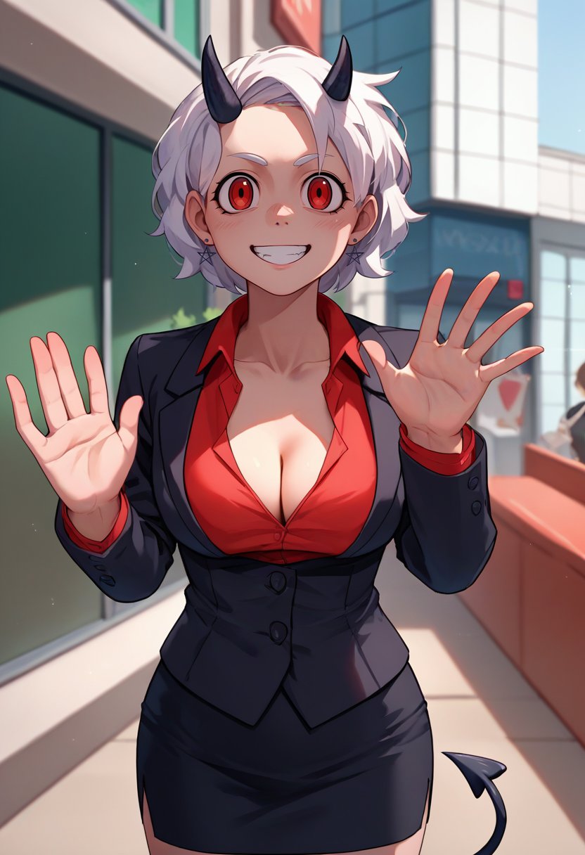 score_9, score_8_up, score_7_up, source_anime, solo, 1girl, htgeneric, grin, looking at viewer, standing, looking at viewer, waving, black horns, demon horns, formal, black jacket, red shirt, collared shirt, black skirt, pencil skirt, demon tail, cleavage <lora:helltaker_generic_ponyXL:1>