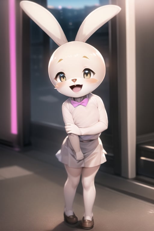 tsidoki, white eyes, rabbit ears, body fur, pink bowtie, white shirt, white skirt, :d, standing, city <lora:Doki-v2:1>