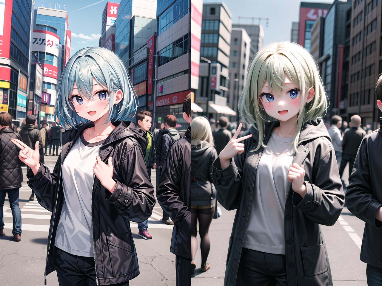 <lora:make25d_type5_v100:1>insanely detailed, absurdres, ultra-highres, ultra-detailed, best quality,1girl, solo, nice hands, perfect handsBREAKmaxi coat, long sleeve shirt, chino pants, (nsfw:-1.5)BREAKhappy smile, laugh, open mouthBREAK,standing, cowboy shot, looking at viewerBREAKslender, kawaii, perfect symmetrical face, ultra cute girl, ultra cute face, ultra detailed eyes, ultra detailed hair, ultra cute, ultra beautifulBREAKshibuya, akihabara, tokyo, street, crowd, cityscape, depth of field, ultra detailed backgroundBREAKmedium breastsBREAKgreen hair, black eyes, fishtail, hair between eyes