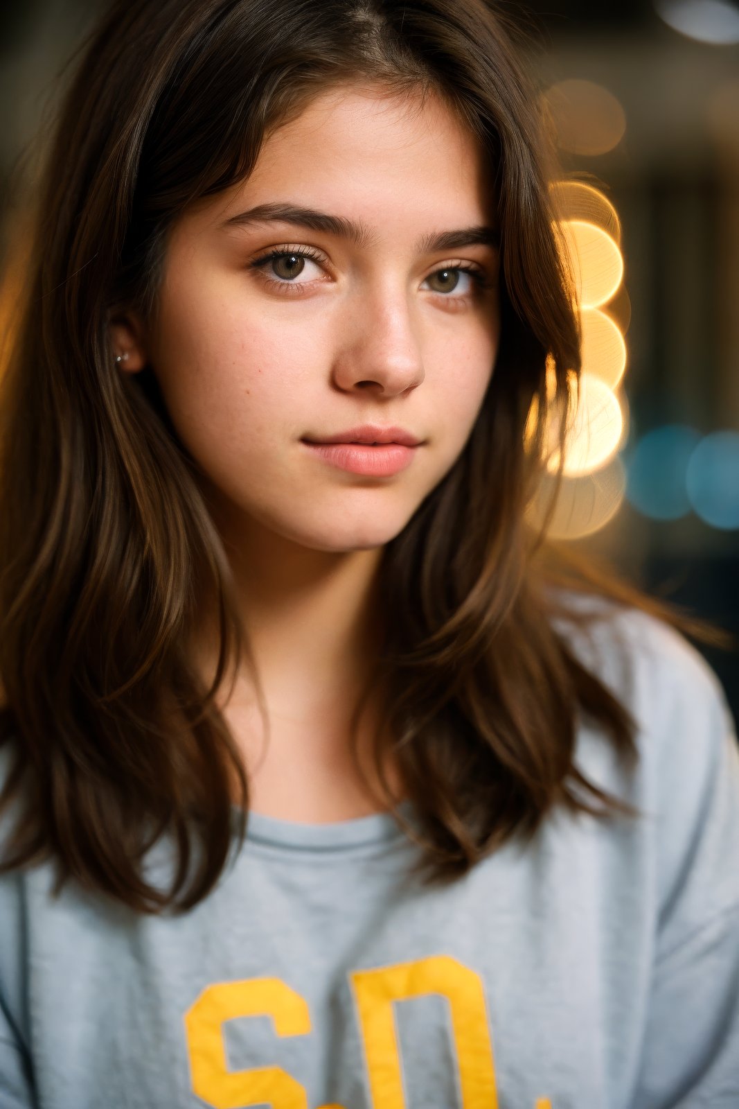 a beautiful college girl, brunette, close-up, girl next door, baggy clothes, night, interior, messy hair, film grain, retro, (bokeh:1.3), Porta 160 color, shot on ARRI ALEXA 65, sharp focus on subject, Fujifilm XT-3