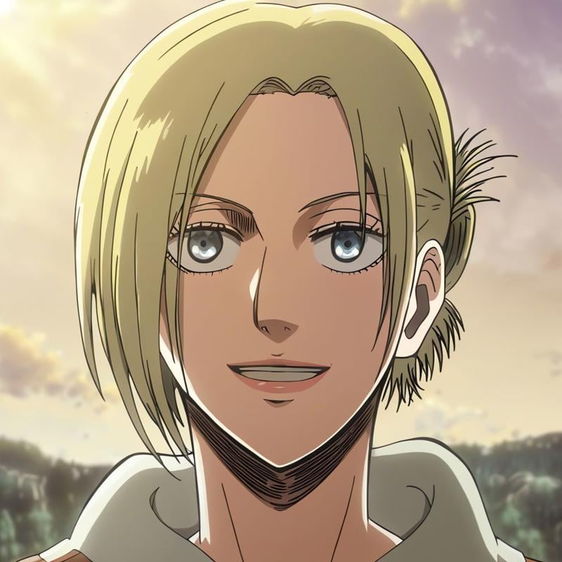 Annie Leonhart, Attack on Titan, 1girl, Blonde hair, Blue eyes, beautiful face, beautiful eyes, standing, outside, sunset, smiling, showing teeth, 