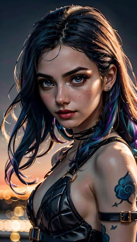 (best quality, masterpiece, colorful, dynamic angle, highest detailed)(Jinx, Legue of Legends, Arcane) upper body professional photo, award winning fashion photography of sexy, intense blue long hair, Jinx  <lora:JinxLol:1>, Legue of Legends, Arcane, flirting, bokeh, (intricate details, hyperdetailed:1.15), detailed, moonlight passing through hair, perfect night (fantasy background, extreme detailed, highest detailed, natural skin texture, hyperrealism, soft light, sharp, perfect face), HDR+