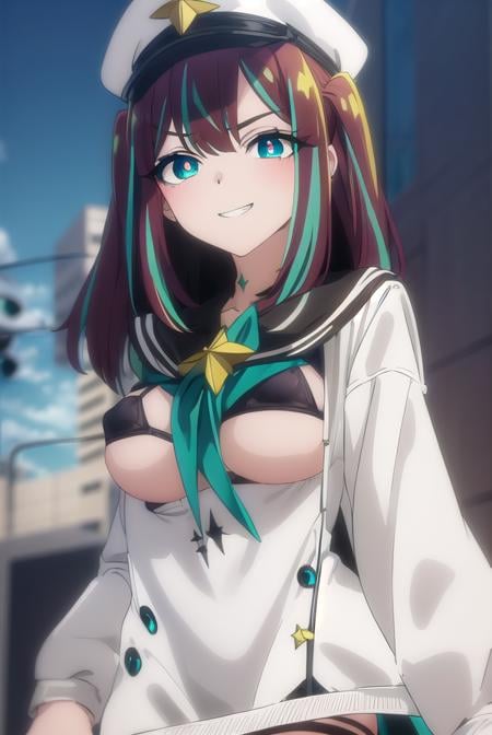 matamaakoya, <lora:matama akoya s1-alpha-lora-nochekaiser:1>,matama akoya, long hair, brown hair, (green eyes:1.3), multicolored hair, aqua eyes, two side up, streaked hair, smile, grin,BREAK skirt, thighhighs, long sleeves, hat, jacket, swimsuit, bikini, open clothes, black thighhighs, sailor collar, star \(symbol\), nail polish, neckerchief, black bikini, white headwear, (bikini top only:1.5), (white jacket:1.5),BREAK outdoors, city,BREAK looking at viewer, (cowboy shot:1.5),BREAK <lyco:GoodHands-beta2:1>, (masterpiece:1.2), best quality, high resolution, unity 8k wallpaper, (illustration:0.8), (beautiful detailed eyes:1.6), extremely detailed face, perfect lighting, extremely detailed CG, (perfect hands, perfect anatomy),