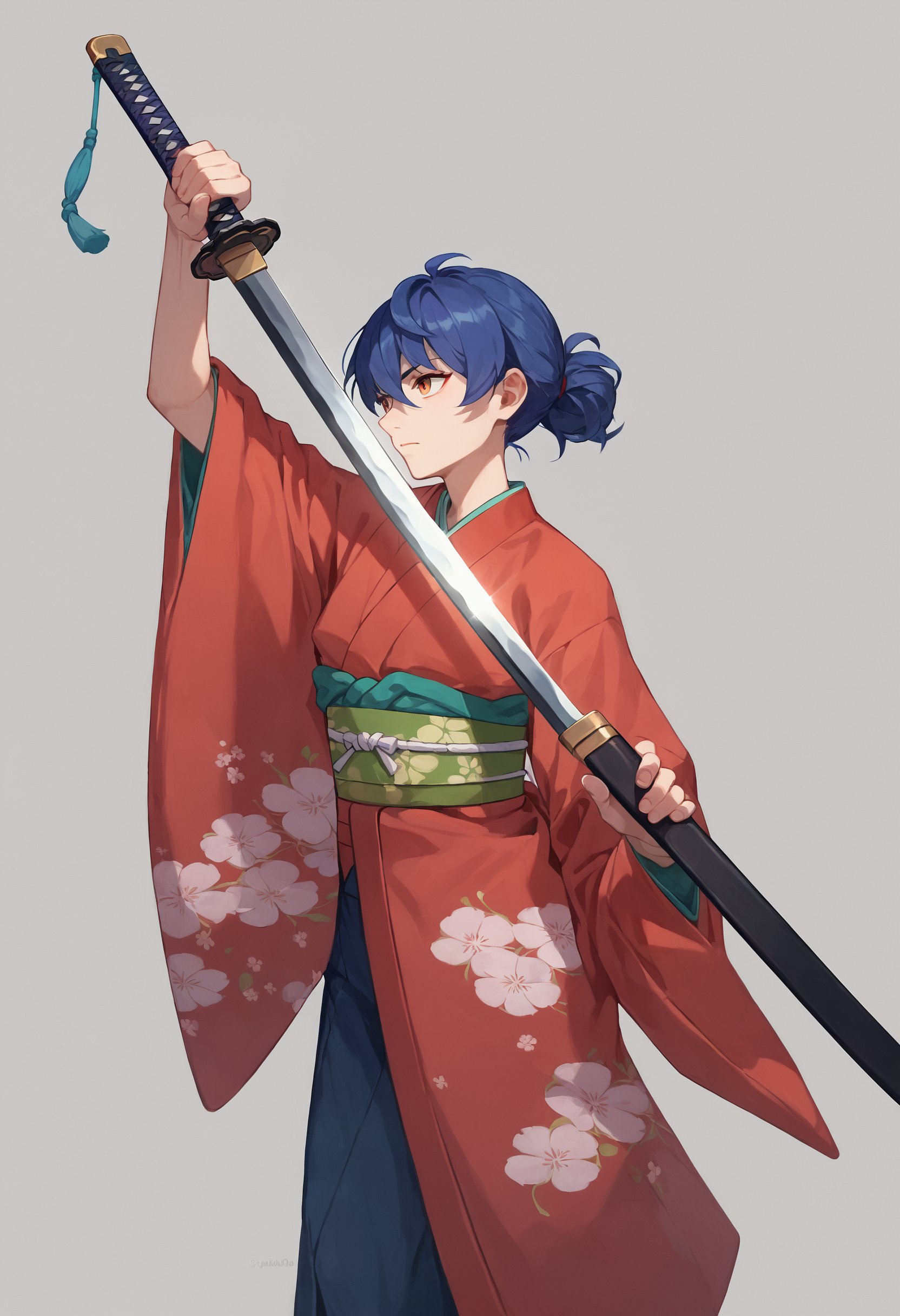 score_9, score_8_up, score_7_up, 1girl, holding sword unsheathing, simple background, kimono, japanese clothes<lora:unsheathing_2_final:1>