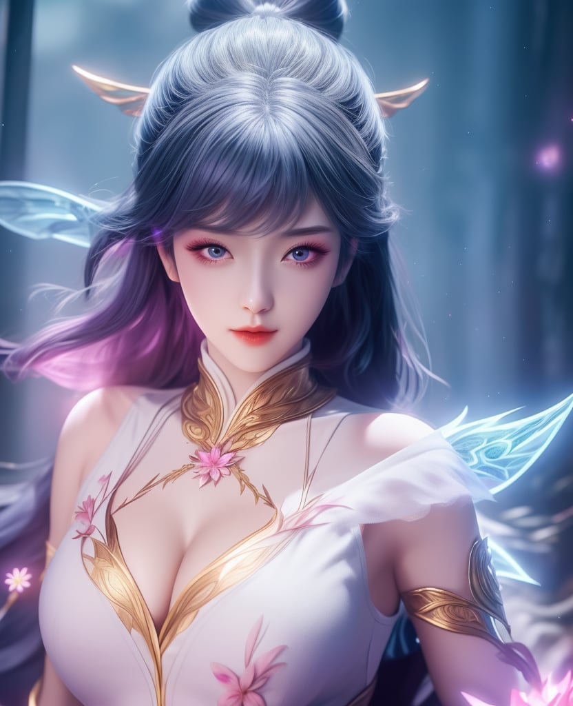 <lora:斗罗大陆-唐舞桐-海神缘:0.8> (,1girl, ,best quality, ),looking at viewer,  ,ultra detailed background,ultra detailed background,ultra realistic 8k cg,, ,masterpiece, (( , )),, , , spirit blossom \(league of legends\),   ,   (cleavage), (), ,,