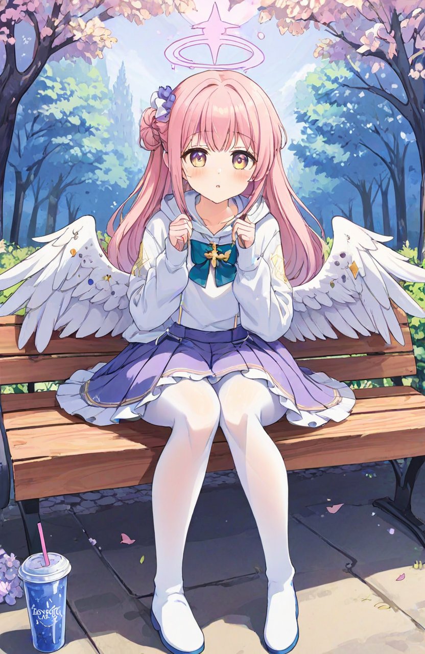 breathtaking,mika \(blue archive\),1girl,solo,looking at viewer,blush,skirt,hair ornament,long sleeves,holding,sitting,ponytail,pantyhose,pleated skirt,outdoors,wings,shoes,cup,hoodie,halo,scrunchie,hood down,crescent,holding cup,feathered wings,hair scrunchie,white pantyhose,purple skirt,angel wings,drinking straw,white wings,drinking,bench,low wings,disposable cup,white hoodie,park bench,on bench,drinking straw in mouth ,<lora:Mika_image124_v1:1>, . gorgeous,key visual,vibrant,studio anime,award-winning,professional,highly detailed,high budget,cinemascope,