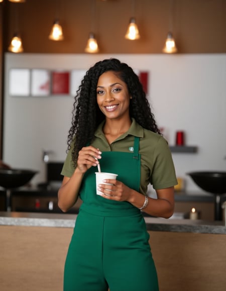 she wears a starbucks uniform and serves coffee in a starbucks sarai minx,  a dark skin woman with black hair. by Terry12...