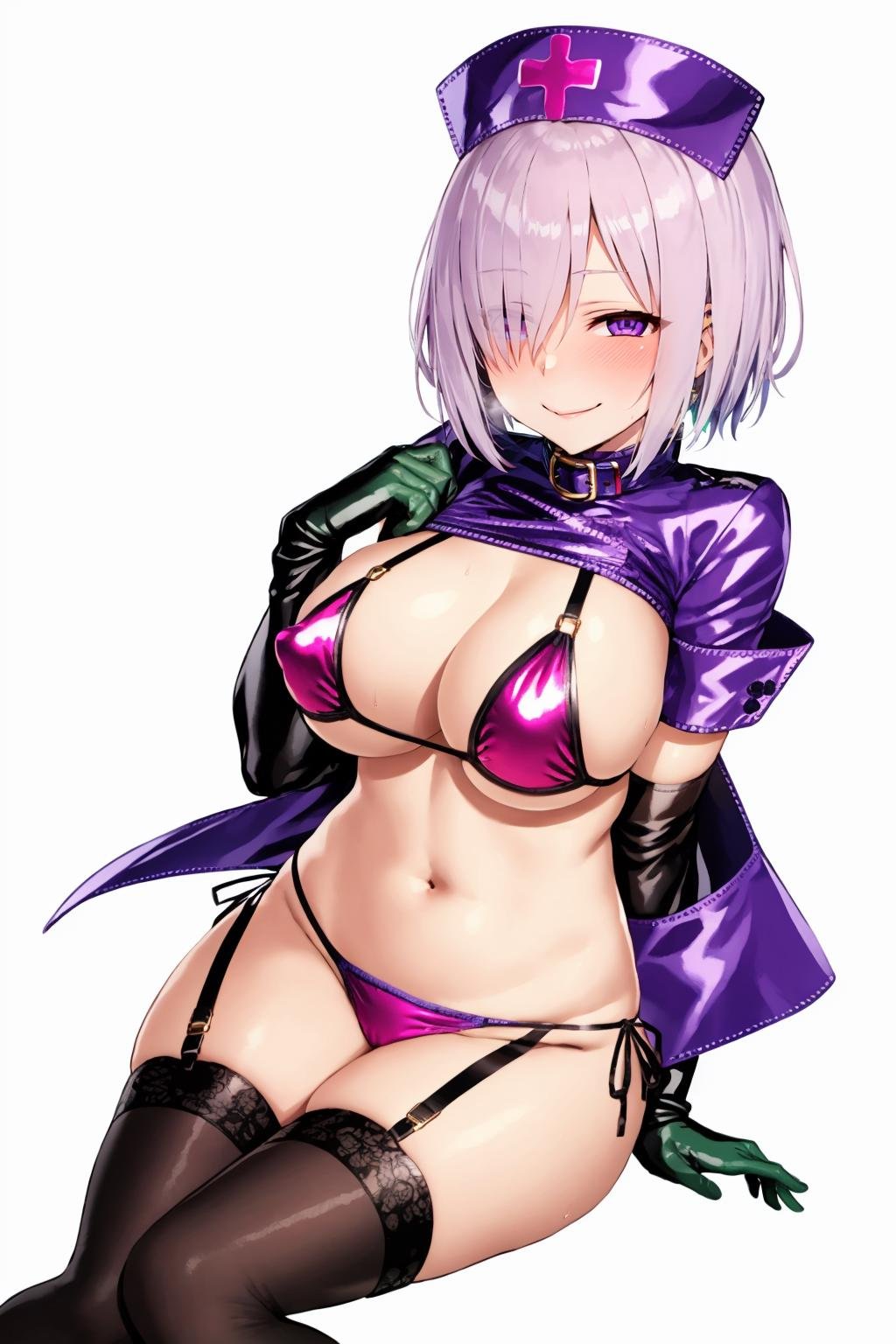 1girl, official alternate costume, breasts, shiny, solo, florence nightingale \(fate\), gloves, thighhighs, large breasts, florence nightingale \(trick or treatment\) \(fate\), hat, purple eyes, shiny clothes, shiny skin, mash kyrielight, swimsuit, shrug \(clothing\), bikini, shiny hair, navel, nurse cap, simple background, white background, multicolored bikini, skirt, syringe, short hair, green thighhighs, sweat, blush, short sleeves, lips, smile, green gloves, closed mouth, id card, multicolored clothes, sitting, side-tie bikini bottom, cosplay, garter straps, pink hair, cleavage, revealing clothes, see-through, green bikini, elbow gloves, belt, looking at viewer, bangs, covered nipples, hair over one eye, panties