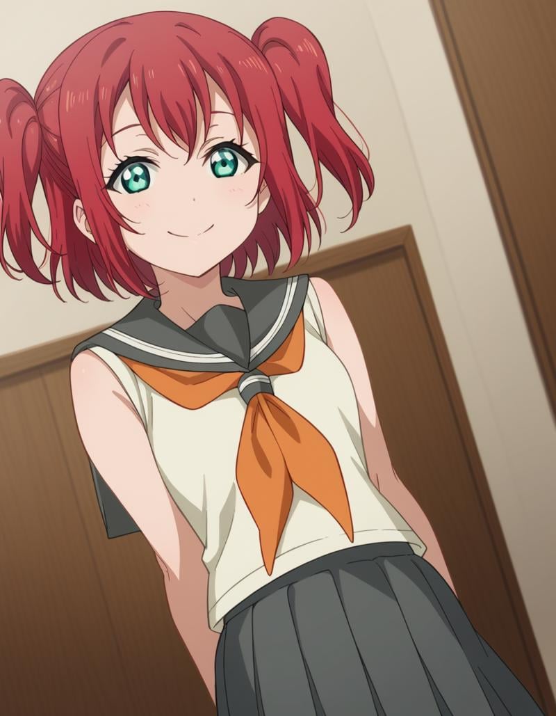 score_9, score_8_up, score_7_up, source_anime, <lora:ruby-kurosawa-s2-ponyxl-lora-nochekaiser:1>, ruby kurosawa, short hair, bangs, green eyes, red hair, aqua eyes, two side up,, shirt, school uniform, white shirt, serafuku, neckerchief, uranohoshi school uniform, orange neckerchief, sleeveless, skirt, pleated skirt, grey skirt,, indoors, smile, looking at viewer, solo,, cowboy shot, dutch angle