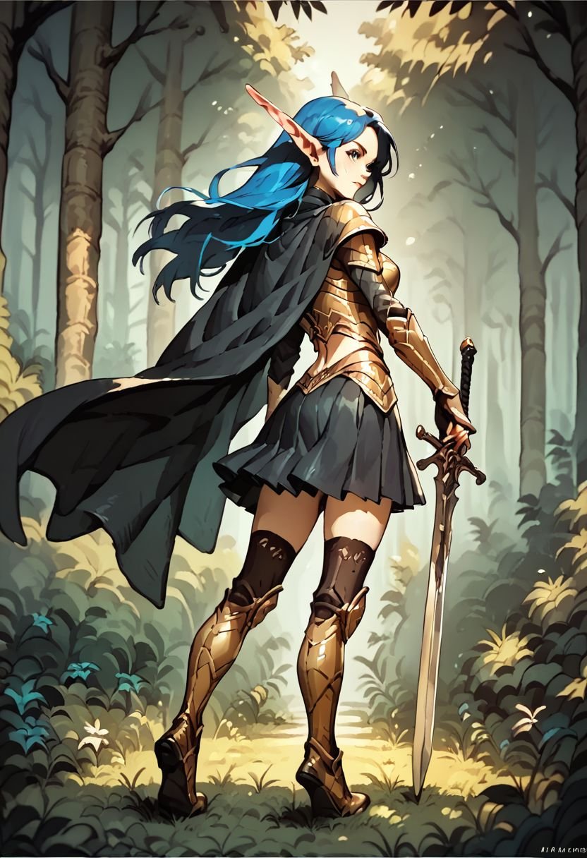 (score_9, score_8_up, score_7_up:1.2),(Xtermaxin:1.6), portrait, in forest , beautifull colors, golden armor, blue hair, black skirt, black boots silver sword,skirt pants, black stockings,black cape, long ears