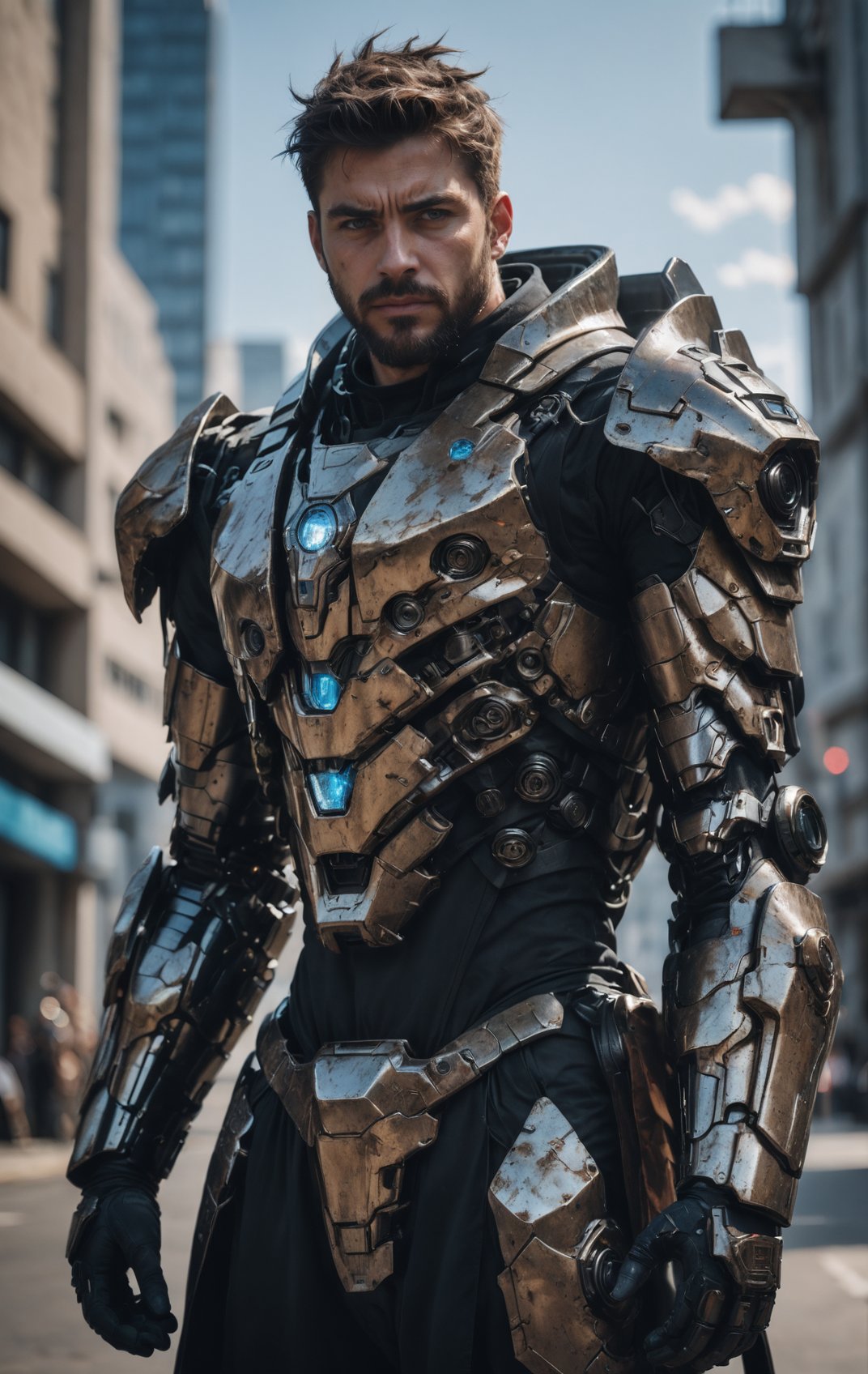 (masterpiece, best quality, ultra-detailed, best shadow), cinematic film still, photo of a man wearing a high tech scifi armor, mecha armor, male focus, armor, solo, facial hair, cape, beard, looking at viewer, blue eyes, blurry background, power armor, knee protection, standing, brown hair, science fiction  <lora:aesthetic_anime_v1s:1.2>