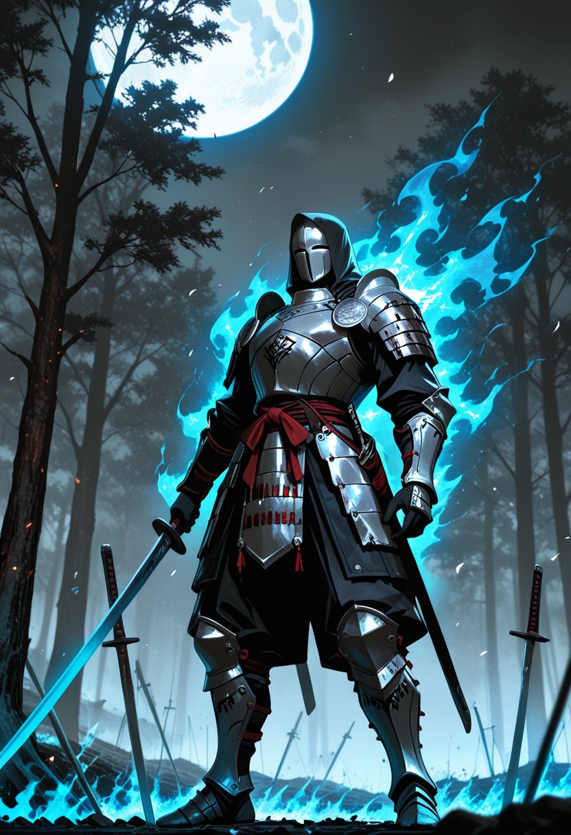 A lone samurai stands motionless in a vast,  mist-covered battlefield,  his ornate armor glistening under the pale glow of...