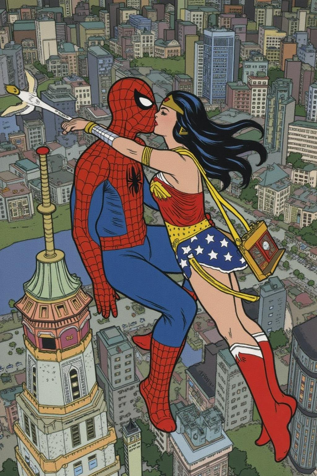 ivanbilibin1 illustration. Spider-man and Wonder Woman,  kissing,  floating above Shanghai by NobodyButMeow on Tensor.Art