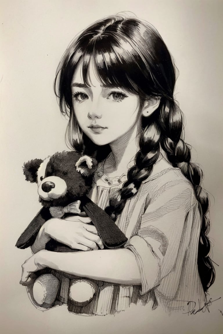 ((HRD, HUD, 8K)),((masterpiece, best quality)), highly detailed, soft light,PenDrawing, 1girl, monochrome, braid, traditional media, solo, twin braids, stuffed toy, dated, stuffed animal, signature, long hair, sketch, greyscale, <lora:20240502-1714613055003:0.8>