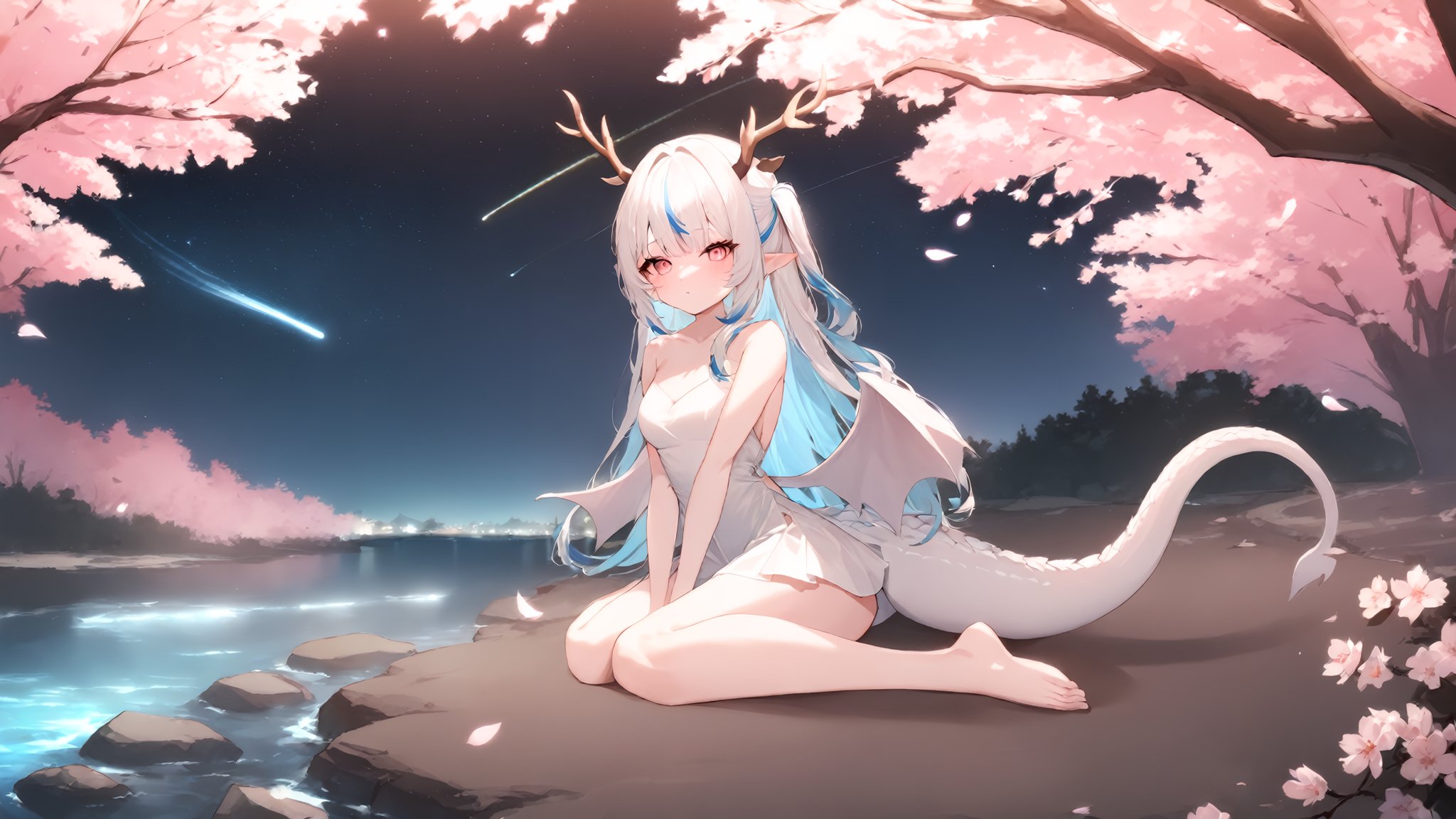 1girl,masterpiece, best quality, recent, newest, absurdres, sensitive,horns, solo, long hair, wings, night, sitting, sky, starry sky, tail, side up, antlers, pink eyes, barefoot, outdoors, wariza, night sky, water, dragon tail, white hair, dragon horns, dragon girl, very long hair, bare shoulders, closed mouth, pointy ears, bangs, shooting star, bare legs, bare arms, river, lake, sakura trees, waterfall, white dress, multicolored hair, blue hair