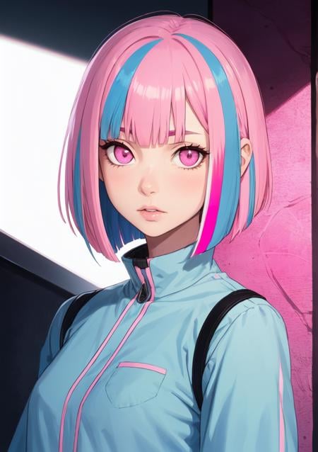 medium shot, 1girl,(pink hair:1.2),short hair,pink eyes,bob cut,(blue streaked hair:1.1),