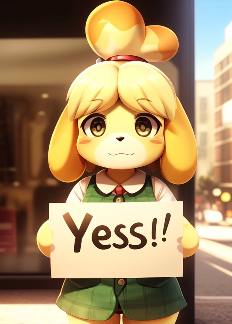 (by Azuma Minatsu, by Youki029, by Hinata Sakamoto, animal crossing),solo chibi (isabelle \(animal crossing\):1.25),(green pattern suit, green dress, round eyes, glistening eyes), (holding sign, "YES":1.5),(standing, half-length portrait, front view, looking at viewer:1.25),BREAK,(storefront, city, plant, day:1.25),(detailed background, depth of field, shadow, sunlight, ambient silhouette, backlighting),masterpiece, best quality, ultra realistic, 4k, 2k, (high detail:1.25),(3d \(artwork\):1.2), blender \(software\), soft focus,ray tracing, (unreal engine:1.3), absurd res