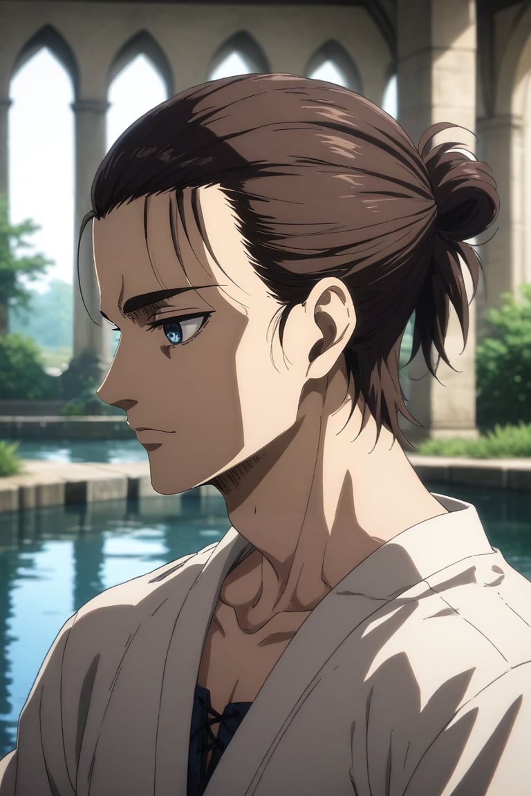 score_9, score_8_up, score_7_up, source_anime, rating_safe, , , looking at viewer, depth of field, 1boy, solo, male focus, <lora:eren_yeager_s4_pony:0.82>, eren_yeager_s4, brown hair, blue eyes, short hair, hair bun, single hair bun, profile, pond, arch, japanese architecture, indoors, dark, slouching, sad, , <lora:sdxl_lightning_8step_lora:1>