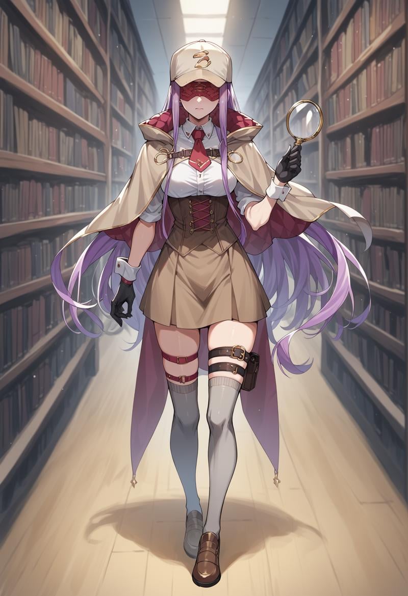 1girl, purple hair, absurdly long hair, purple eyes, baseball cap, capelet, gloves, wrist cuffs, white shirt, red necktie, corset, brown skirt, grey thighhighs, brown footwear ,blindfold, thigh strap, standing, library, holding magnifying glass, <lora:Meduseless:1>, score_9, score_8_up, score_7_up, score_6_up, score_5_up, score_4_up, (m-da s-tarou:0), masterpiece