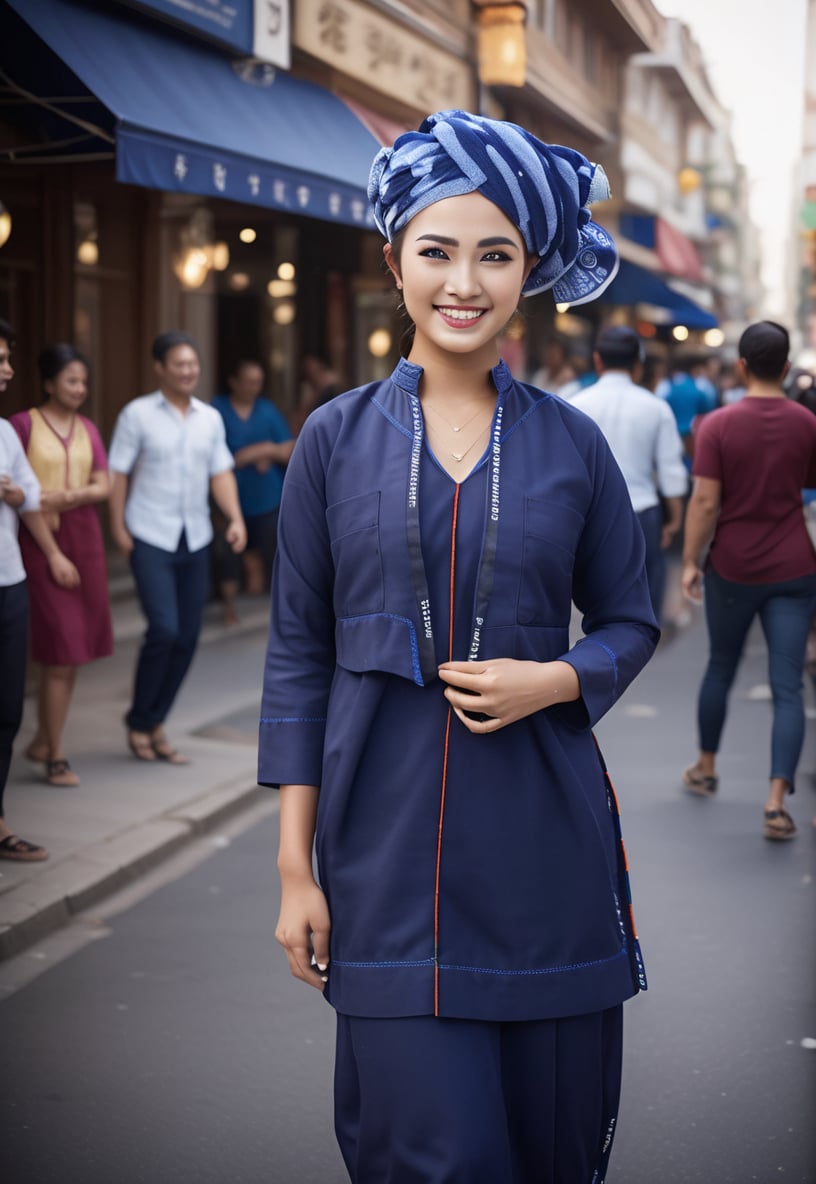 cinematic film still Full body shot,photo of a 19 year old asian woman, standing on a busy street in city, navy blue paoh traditional dress, turban, rokiah dress, highly detailed skin with hair,  perfectsmile smile,fit,abs,bright light,hard shadows, shallow depth of field, highly detailed, cinemascope, moody, epic, gorgeous, <lora:rokiah_dress-000008:1>