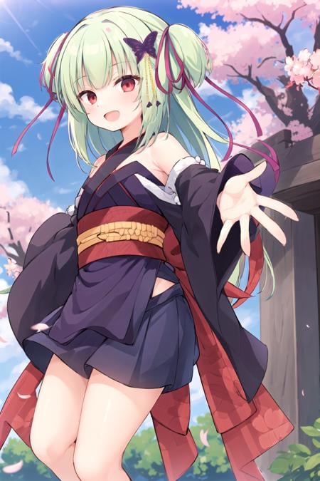 1girl, murasame, two side up, hair ornament,kimono, bare shoulders,(reaching out:1.2), half-closed eyes, red eyes, from side, (one arm behind back:1.1), :d, outdoors, cherry blossoms, blue sky<lora:Murasame-06:1>,