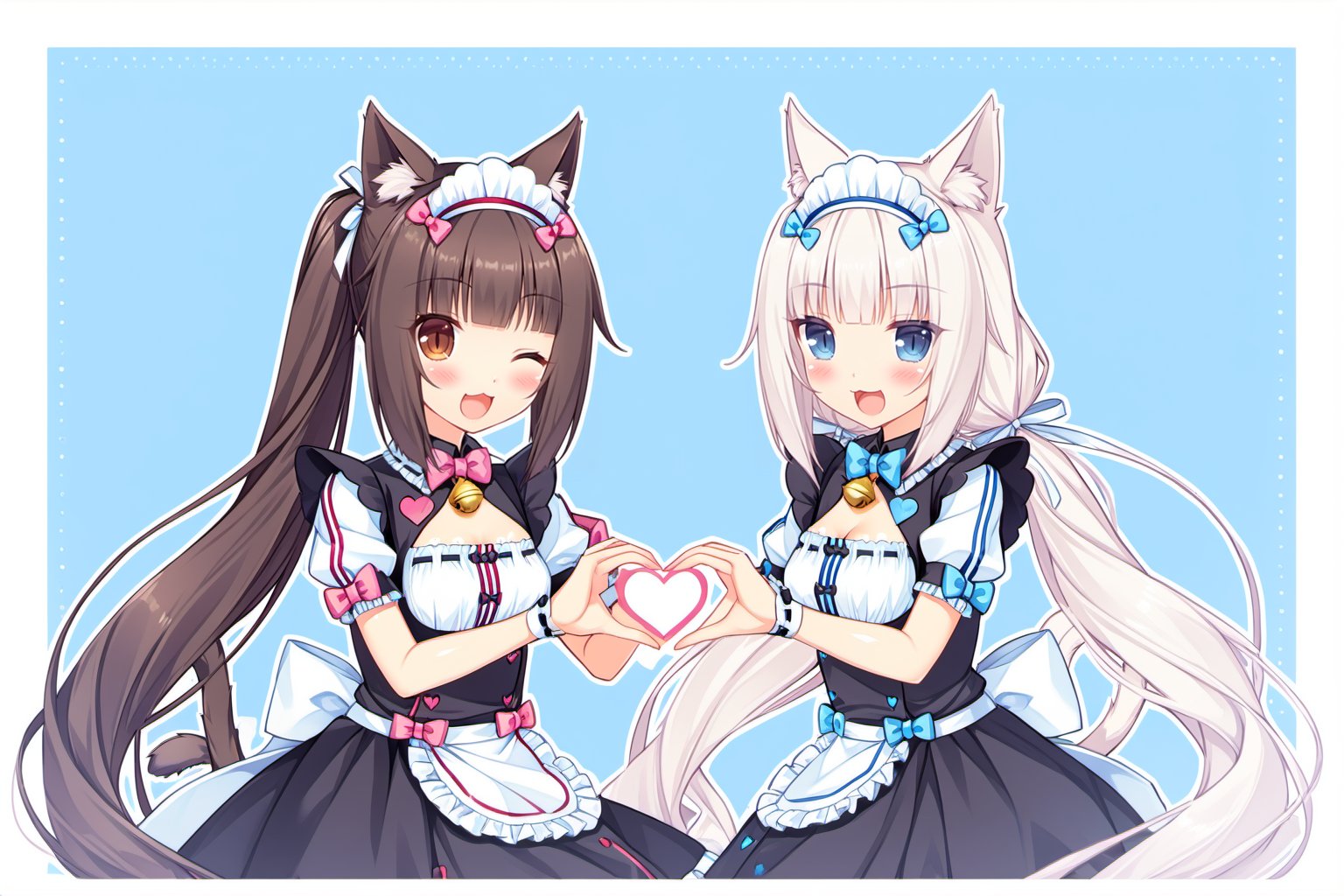 <lora:SDXL-Nekopara-Base-Lora-000002:0.75>,multiple_girls, nekopara, , 2girls, tail, one_eye_closed, heart, bow, long_hair, animal_ears, bangs, short_sleeves, breasts, smile, cat_tail, open_mouth, cat_ears, heart_hands, puffy_short_sleeves, puffy_sleeves, blue_eyes, blunt_bangs, twintails, cleavage, very_long_hair, blush, heart_hands_duo, blue_bow, bowtie, bell, cat_girl, medium_breasts, jingle_bell, looking_at_viewer, shiny, maid_headdress, cleavage_cutout, happy, artist_name, apron, shiny_hair, border, brown_eyes, clothing_cutout, dress, sidelocks, maid, :3, hair_bow, white_hair, pink_bow, frills, waist_apron, simple_background, blue_background, english_text, character_name, symmetry, brown_hair, white_border, blue_bowtie, black_dress, twitter_username, outside_border, ponytail, neck_bell, black_bow, low_twintails, white_apron, wrist_cuffs, ribbon_trim, frilled_apron, ;d, alternate_color, slit_pupils, blush_stickers