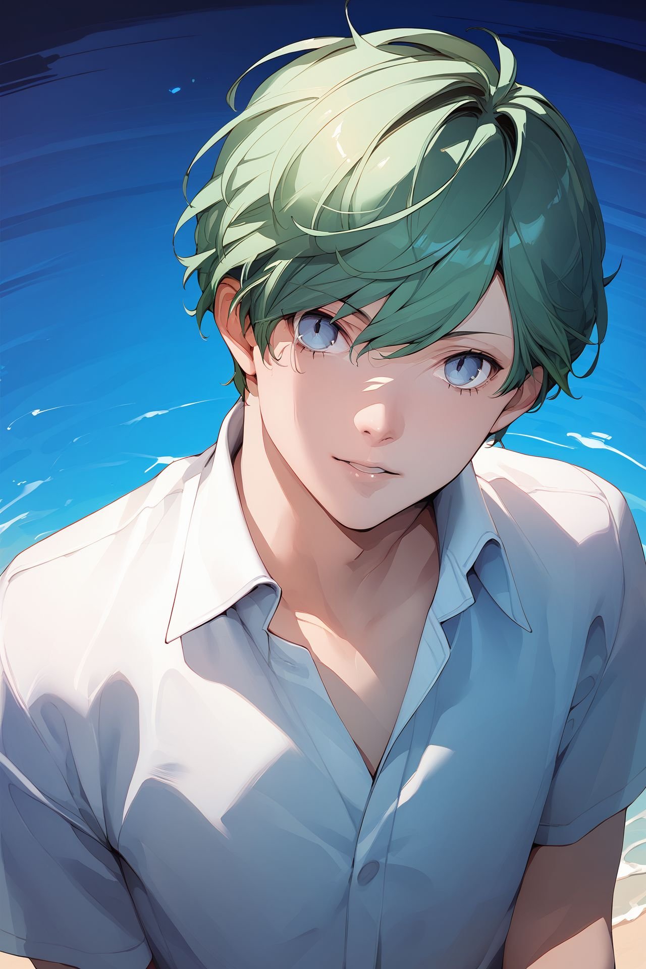 score_9, score_8_up, score_7_up, 1boy, looking at viewer, light_green hair, blue eyes, transparent_background <lora:Soejima_Shigenori_PonyXL_style_v01:1>