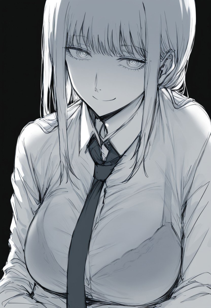 makima (chainsaw man), chainsaw man, 1girl, black background, bra visible through clothes, breasts, closed mouth, collared shirt, greyscale, large breasts, long hair, looking at viewer, monochrome, necktie, shirt, sidelocks, simple background, sketch, smile, solo, upper body, wing collar