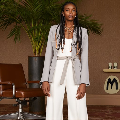 A young woman with dark brown skin is standing in a room with brown patterned wallpaper. The woman is wearing white pants and a white blazer with a brown belt tied around the waist. The blazer is open and you can see a white shirt underneath.  The woman has long black braids with wooden beads woven in. She is wearing a pair of white platform shoes. She has on small gold earrings and a gold necklace with a pendant. Her expression is serious.  In the background there is a brown leather office chair with a metal base and wheels. The floor is tiled with a geometric pattern of red and white., there is a green palm frond with a white background behind the frond. Below the frond is a black stylized letter “M” repeated twice, rusted pillar. She is wearing a light gray trench coat that has a large collar and is open in the front, black, leafy green plant branching over the counter. There is a glimpse of furniture in the left corner of the image.  A large window behind the counter shows a rocky hillside with a green hill in the distance.  There is a stainless steel dishwasher in the background.  There is a large green plant in a blue pot on the table.  The plant has green leaves and red tomatoes on it.  There is a series of hanging lights above the table.  The hanging lights have a silver base and white bulbs. The counter is a dark brown color and is made of wood.  A large glass window behind the counter shows a rocky hillside with a green hill in the distance.  The kitchen is situated in an open space with a bright white ceiling.  There are 2 rows of wood cabinets on the far wall with silver drawer pulls.  There is a black surface above the counter.  There is a large dark gray stone wall on the right side of the image., the earring is long and dangles down her neck